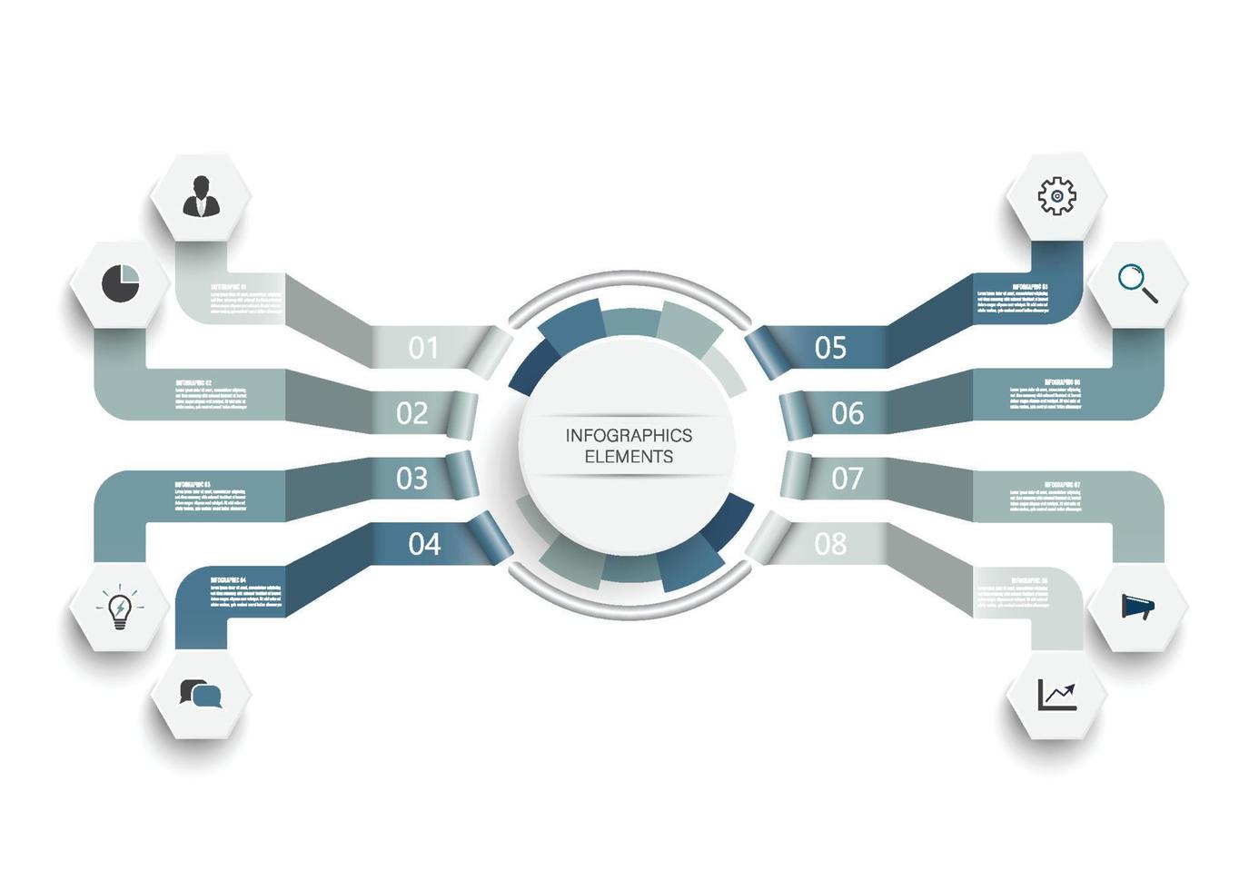 Infographic design with 3D paper label, integrated circles. Business concept with 8 options. For content, diagram, flowchart, steps, parts, timeline infographics, workflow, chart. vector