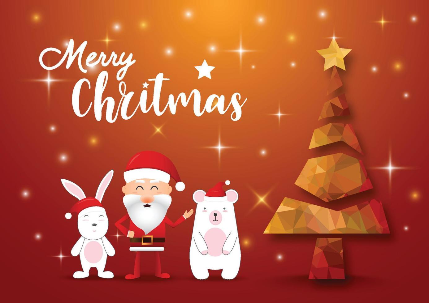 Merry christmas and happy new year fancy gold xmas tree. Santa Claus, rabbit and bear in Christmas. illustrator vector. vector