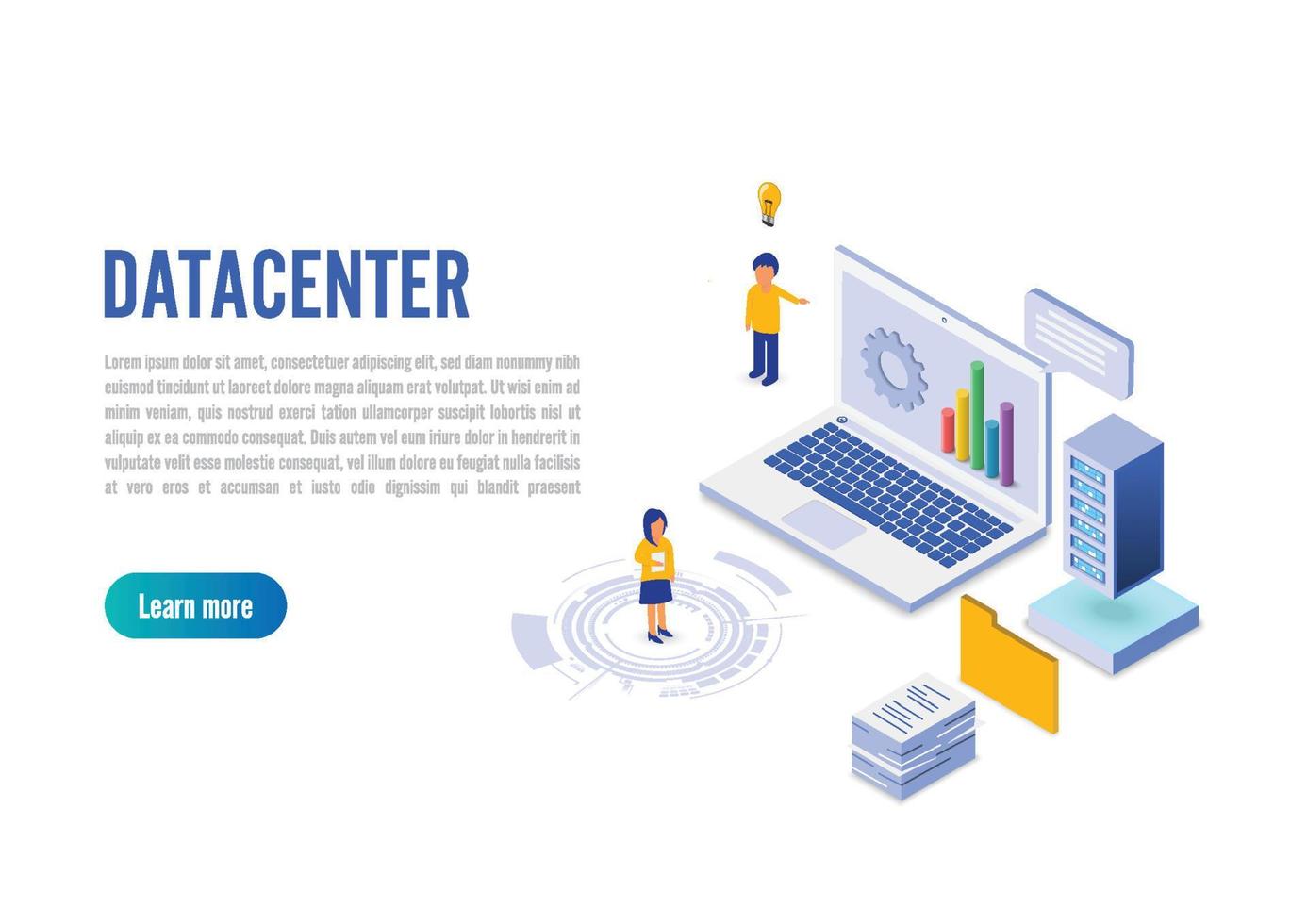 conexión al centro de datos de Internet, administrador del concepto de alojamiento web. carácter y texto para servicios. Base de datos de software de hardware del centro tecnológico para un servidor seguro. isometrico plano. vector