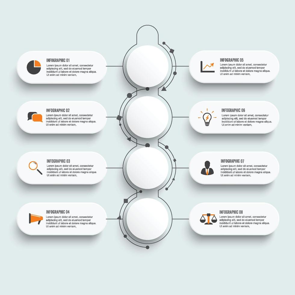 Infographic template with 3D paper label, integrated circles. Business concept with 8 options. Ffor workflow layout infographic, diagram, number, web design. vector