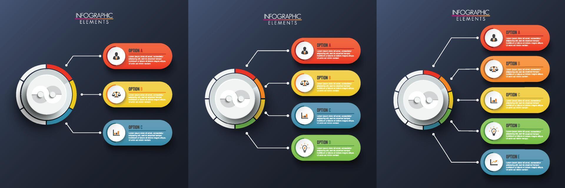 establecer elementos abstractos de la plantilla de infografía vectorial gráfica con etiqueta, círculos integrados. concepto de negocio con 3, 4 y 5 opciones. para contenido, diagrama, pasos, partes, infografías de línea de tiempo, gráfico. vector