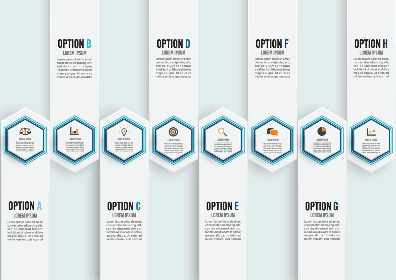 Vector infographic template with 3D paper label, integrated circles. Business concept with 8 options. For content, diagram, flowchart, steps, parts, timeline infographics.