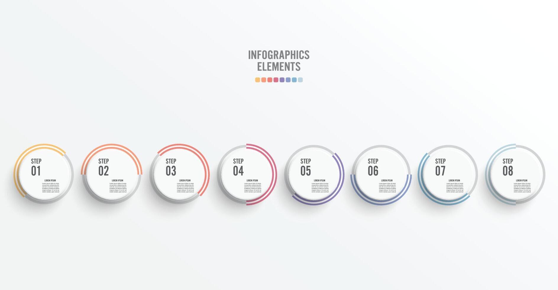 Template timeline infographic colored horizontal numbered for eigh position. Business concept with 8 options. can be used for workflow, banner, diagram, web design, area chart. vector