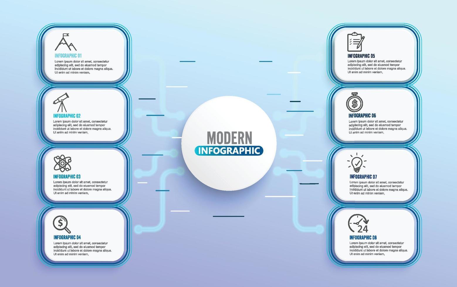 plantilla infográfica vectorial con círculos de etiquetas de papel 3d. concepto de negocio con 8 opciones. para contenido, diagrama, diagrama de flujo, pasos, partes, infografías de línea de tiempo, flujo de trabajo, gráfico. vector