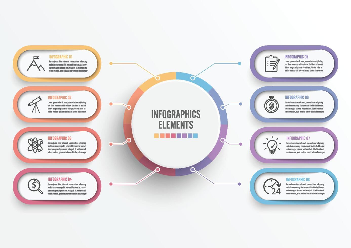 plantilla de infografía vectorial con etiqueta de papel 3d, círculos integrados. concepto de negocio con 8 opciones. para contenido, diagrama, diagrama de flujo, pasos, partes, infografías de línea de tiempo, flujo de trabajo, gráfico. vector