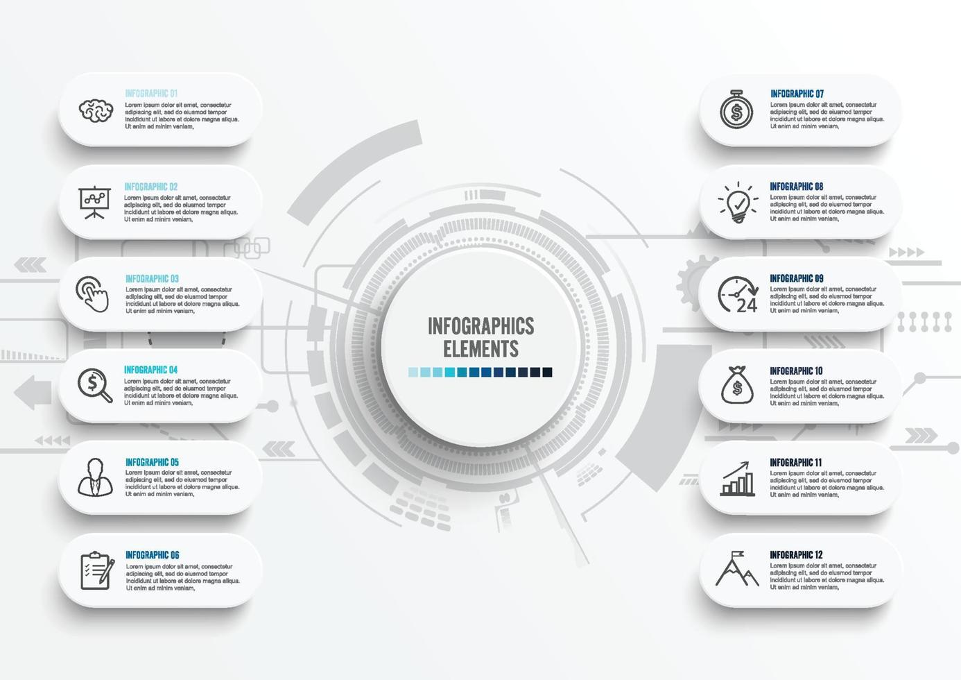 Vector infographic template with 3D paper label, integrated circles. Business concept with 12 options. For content, diagram, flowchart, steps, parts, timeline infographics, workflow, chart.