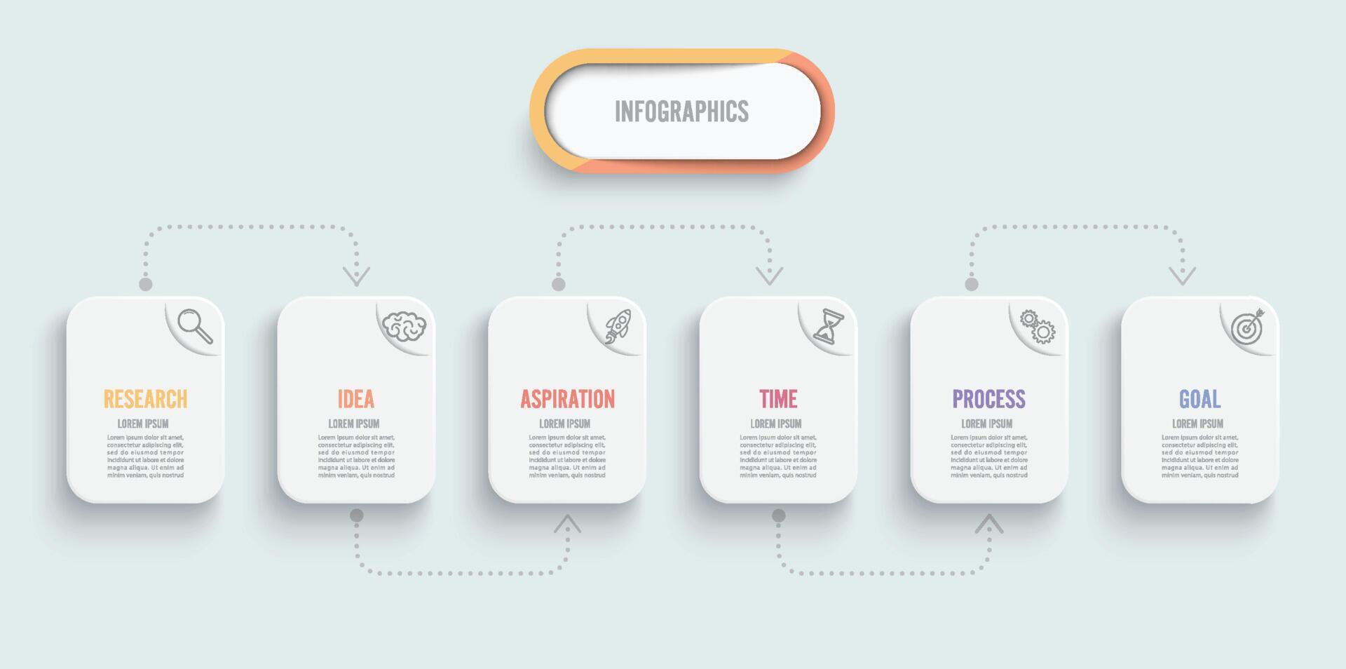 plantilla infográfica vectorial con iconos y 6 opciones o pasos. infografías para el concepto de negocio. se puede utilizar para banner de presentaciones, diseño de flujo de trabajo, diagrama de proceso, diagrama de flujo, gráfico de información. vector