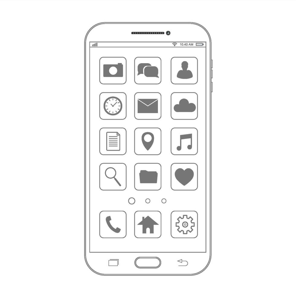 Outline drawing smartphone. Elegant thin line style design. Vector smartphone with UI icons.