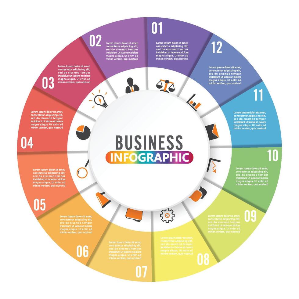 Circle chart infographic template with 12 options for presentations, advertising, layouts, annual reports vector