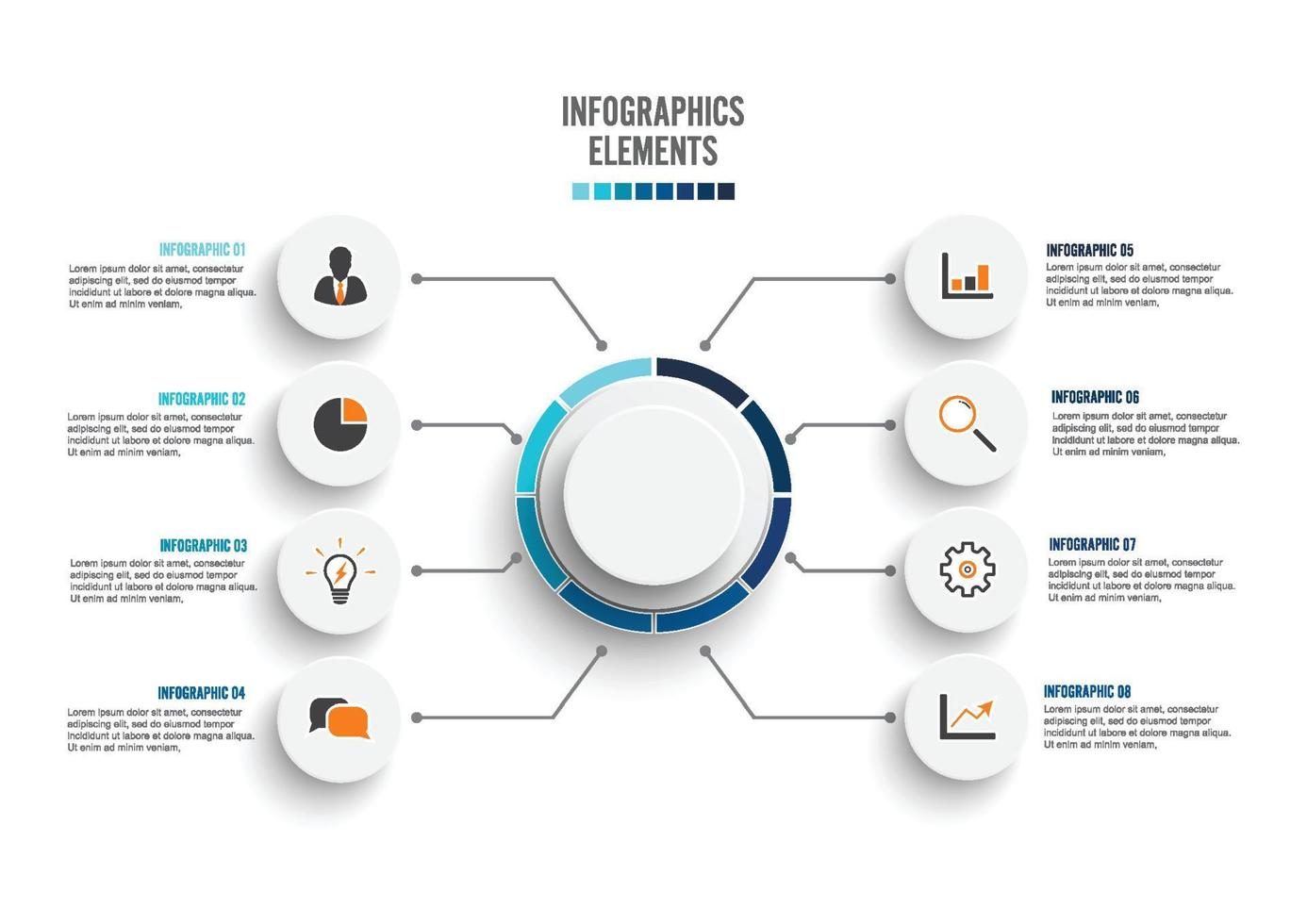 Vector infographic template with 3D paper label, integrated circles. Business concept with 8 options. For content, diagram, flowchart, steps, parts, timeline infographics, workflow, chart.