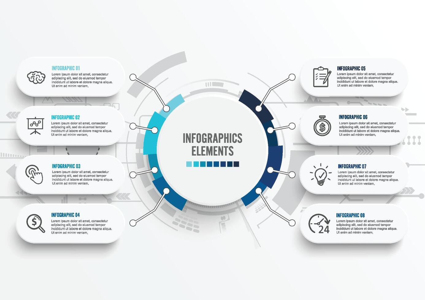 Vector infographic template with 3D paper label, integrated circles. Business concept with 8 options. For content, diagram, flowchart, steps, parts, timeline infographics, workflow, chart.