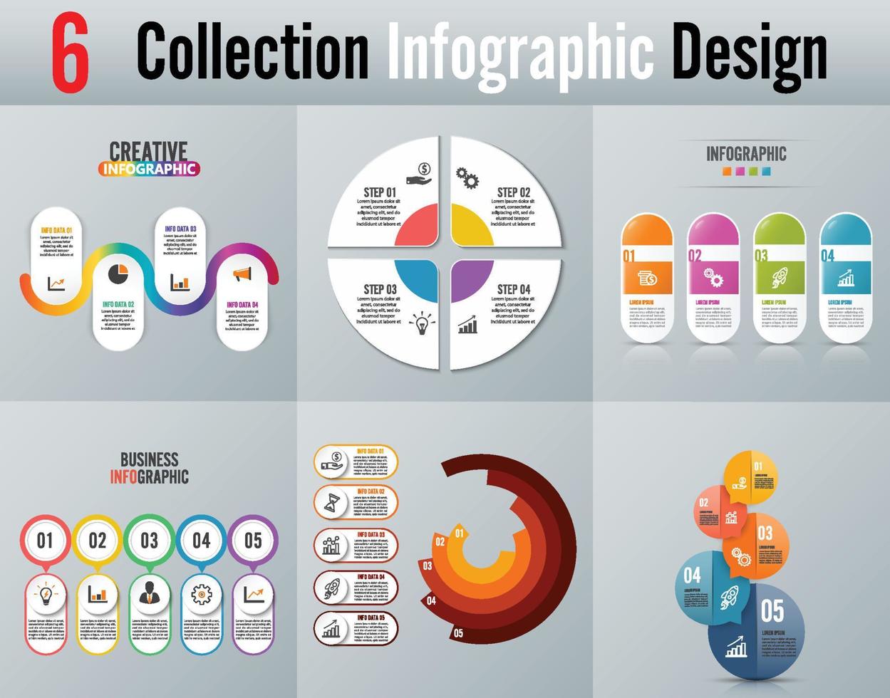 El vector de diseño infográfico y los iconos de marketing se pueden utilizar para el diseño del flujo de trabajo, el diagrama, el informe anual y el diseño web. concepto de negocio con 4 y 5 opciones, pasos o procesos.