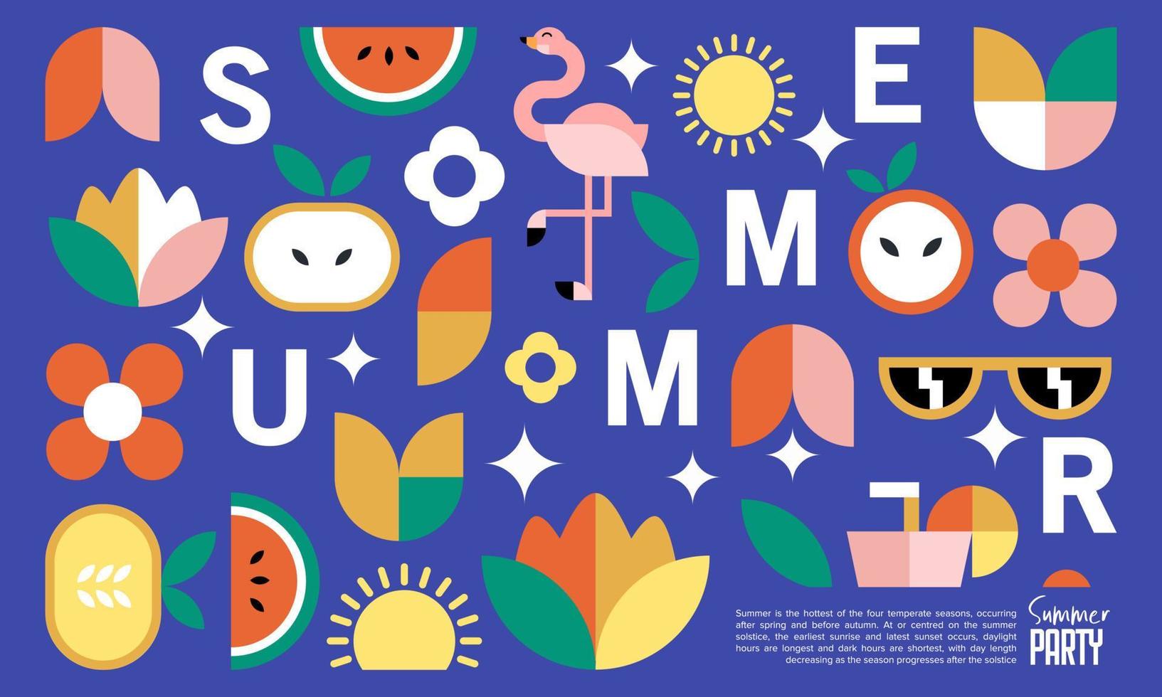 Summer geometric holiday poster and abstract background template. Flyer, greeting card, summer party. Vector illustration