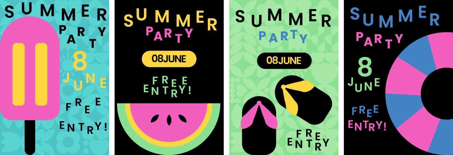 Summer party holiday poster and background template. Ice cream, watermelon flyer vector illustration.