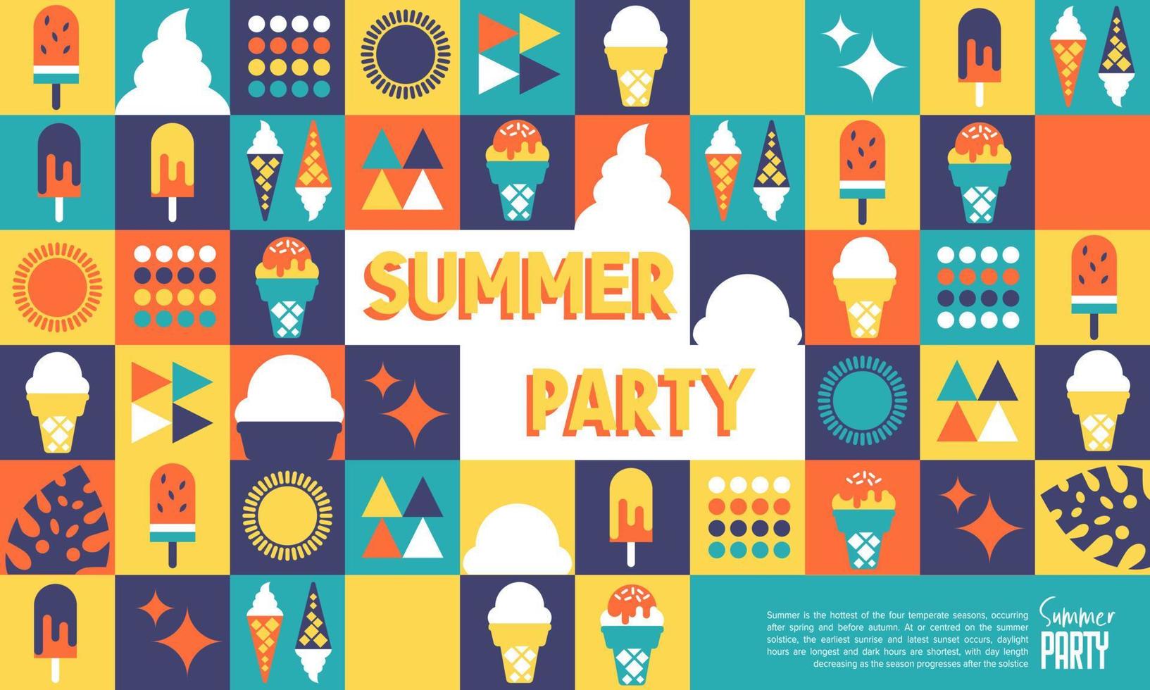 Summer party holiday background template. Poster, flyer, invitation of summer season. Vector geometric rectangle, square, triangle, circle shape illustration