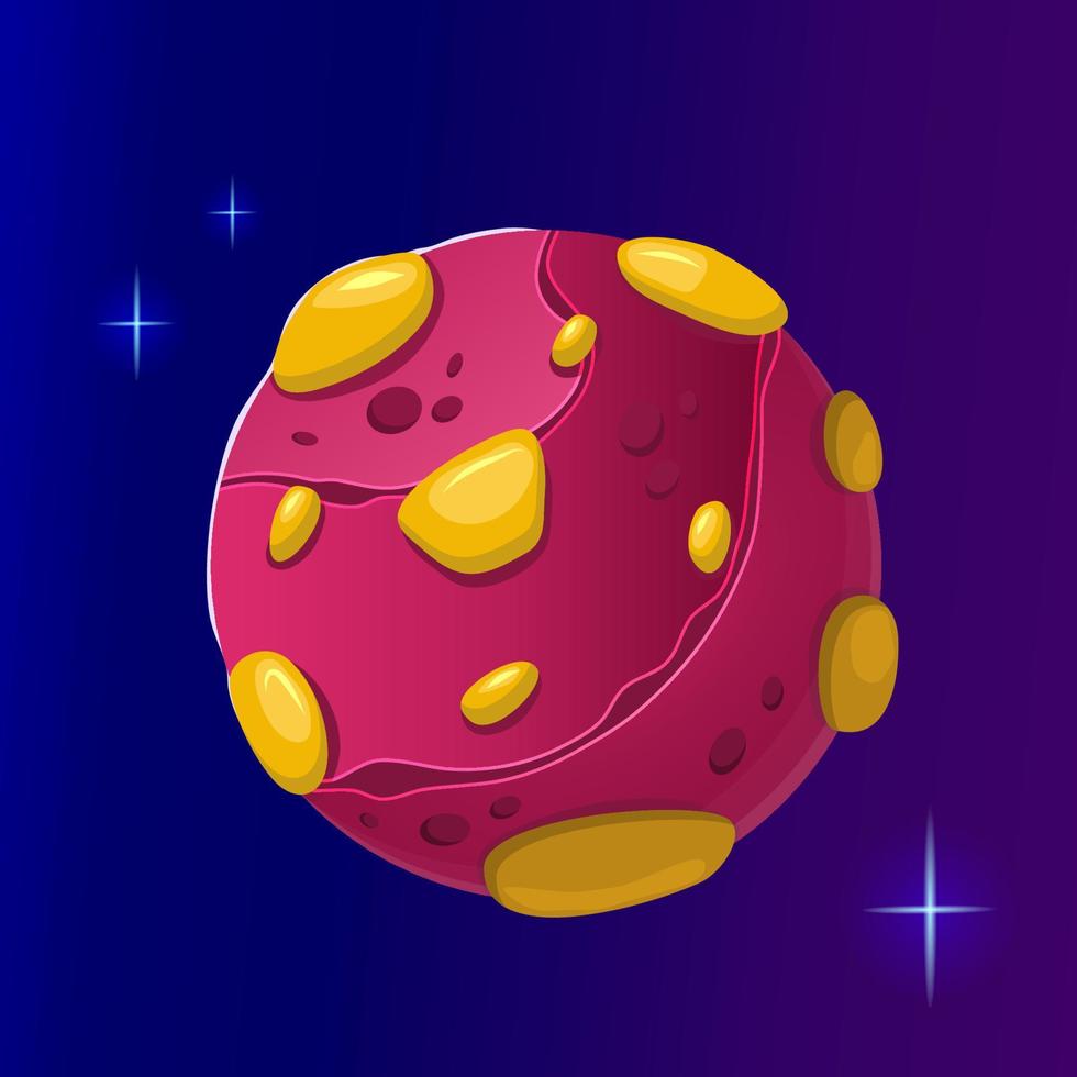 Fantasy planet cartoon with stone. Pink magic round planet with stone. Cartoon vector illustration. Ui design.