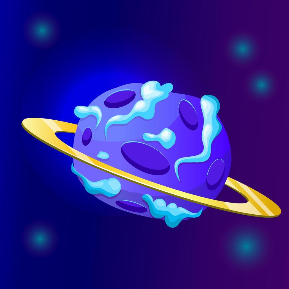 Fantasy planet cartoon with crater and sky cloud. Blue magic round planet with rings. Cartoon vector illustration. Ui design.