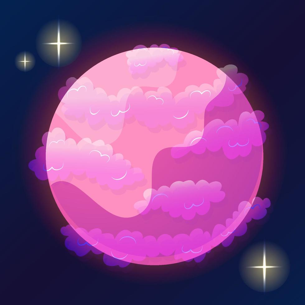 Fantasy planet cartoon with cloud. Pink magic round planet with cloud. Cartoon vector illustration. Ui design
