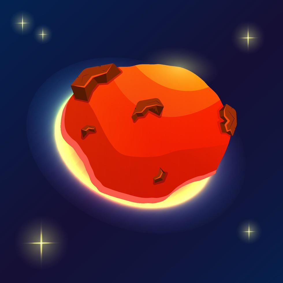 Fantasy planet cartoon with fire and stone. Red magic round planet with stone. Cartoon vector illustration. Ui design.