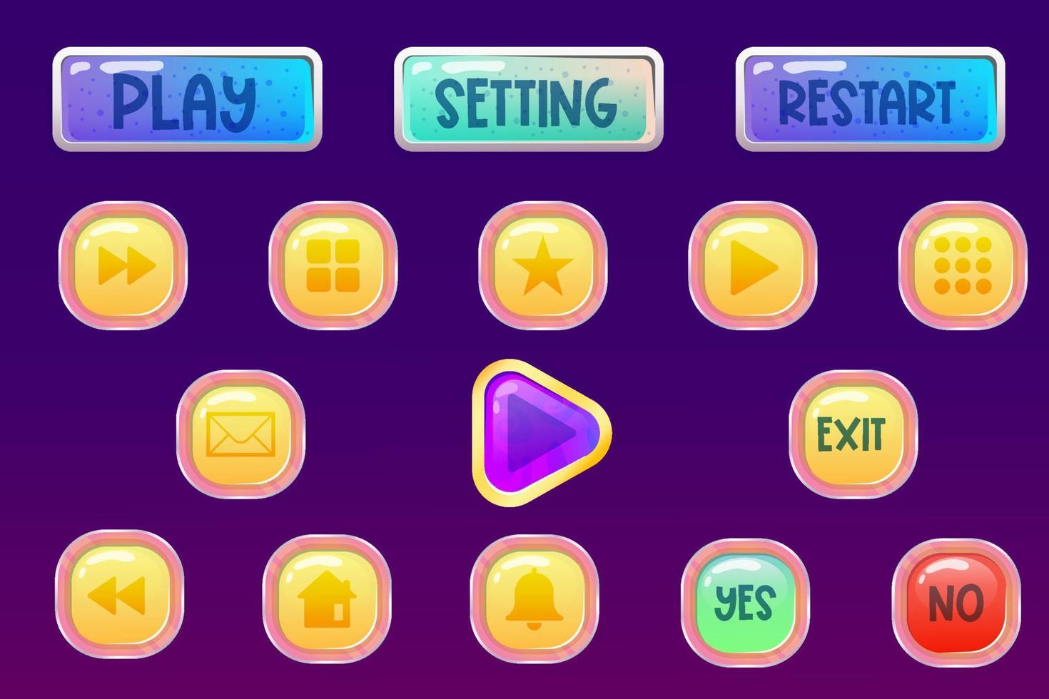 Game space button kit great for 2D mobile games. Cartoon vector illustration. Mobile Web design game elements. Set menu app assets.