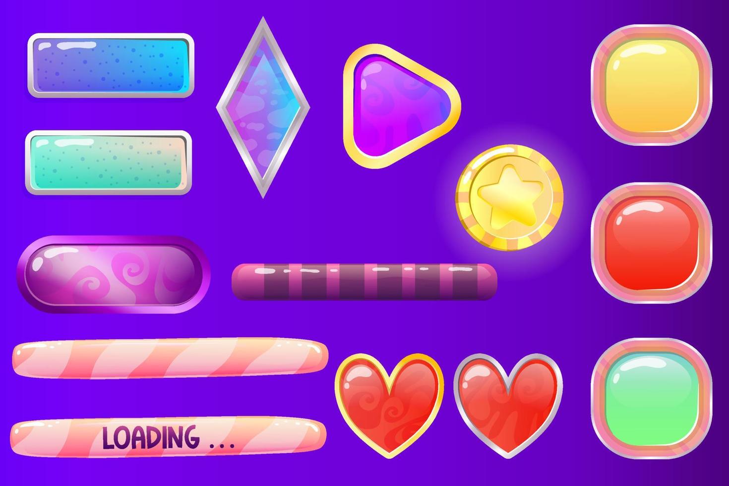 conjunto de botones de espacio para diseño web 2d y juego. kit de espacio de elemento de ilustración vectorial. botón, barra de carga, corazón, moneda y cristal en el juego. activos de juego móvil. estilo cómico de dibujos animados vector