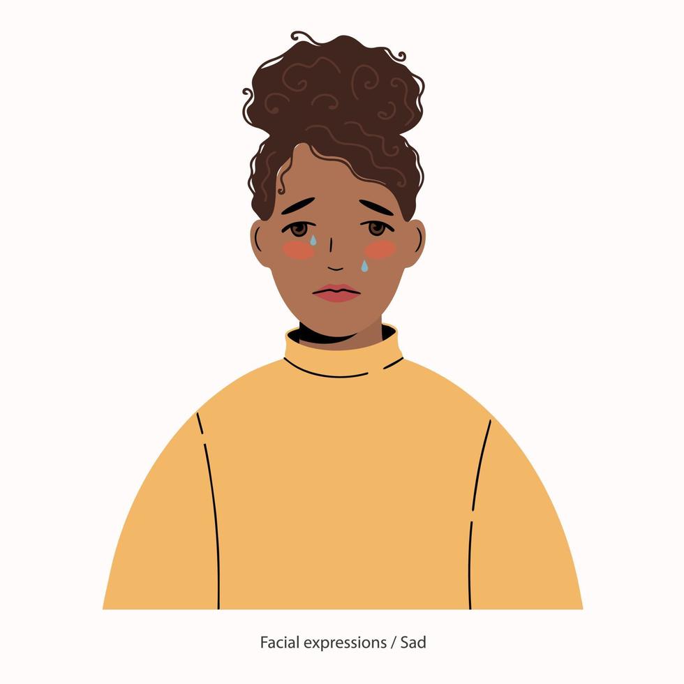 Expression on the face of a pretty African-American woman - sad. Girl is crying vector