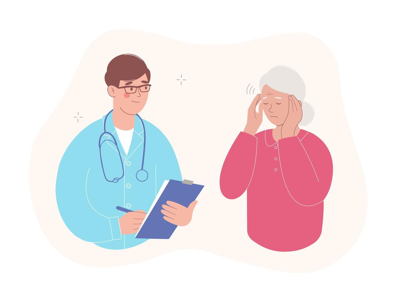 Elderly patient at a doctor's appointment. Elderly woman has a headache. Medical care and consultations vector