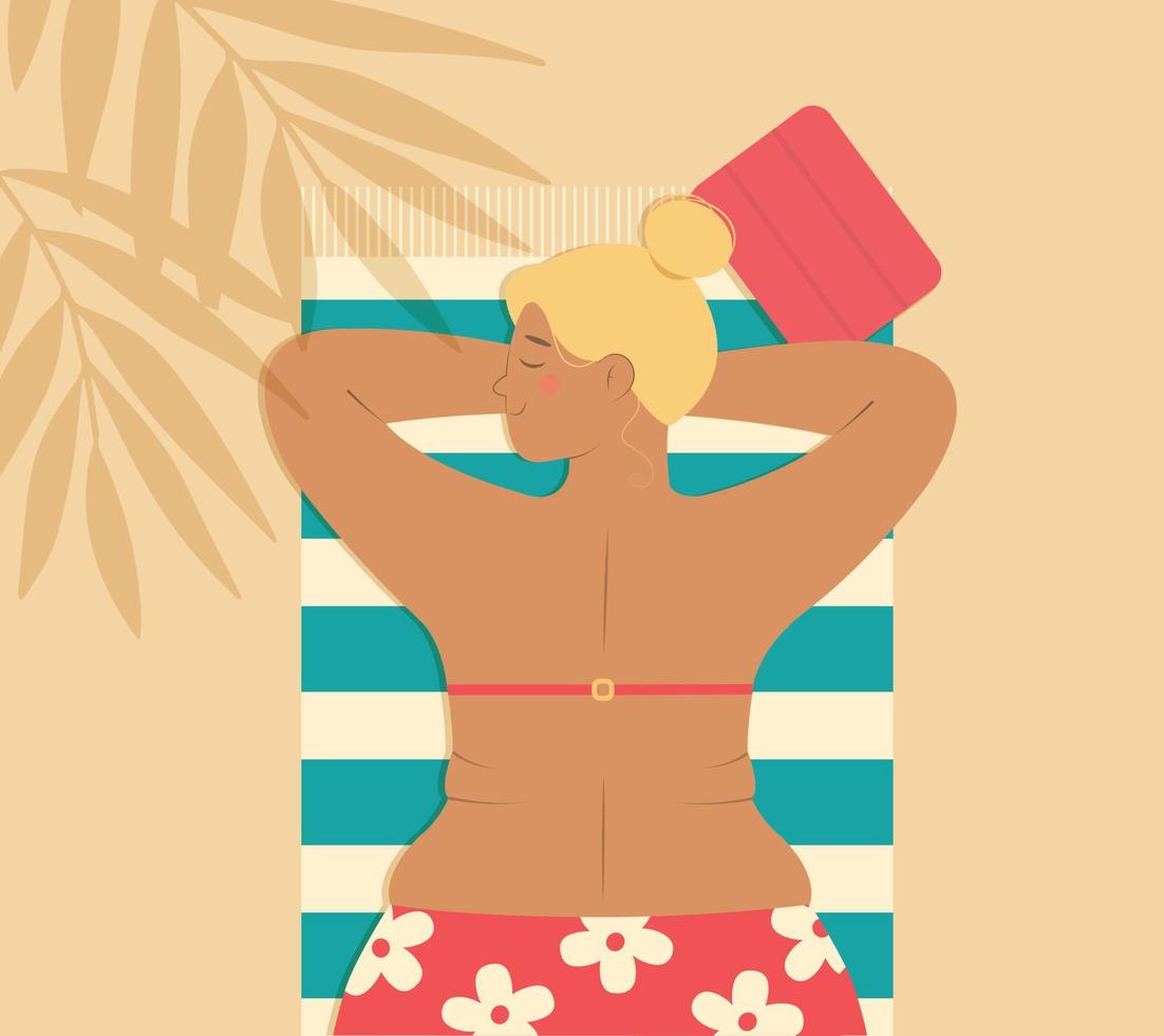 Plump woman in swimsuit lying on beach sunbathing. Girl relaxing at seaside resort vector