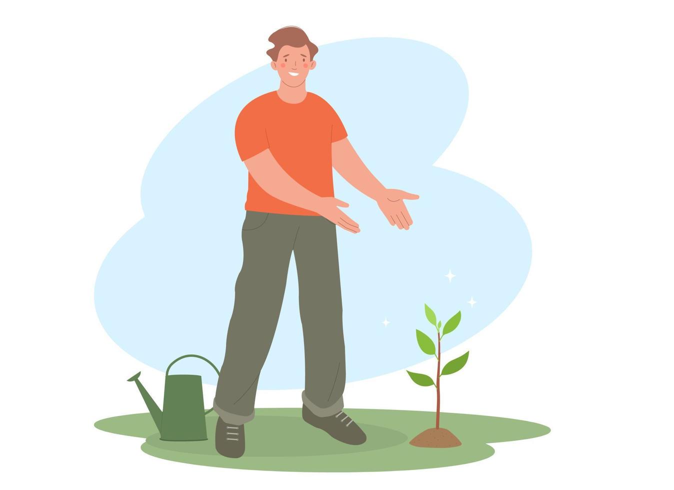 Young man is proud of himself. Man planted a tree. Character stands and points with his hands at a tree sapling vector