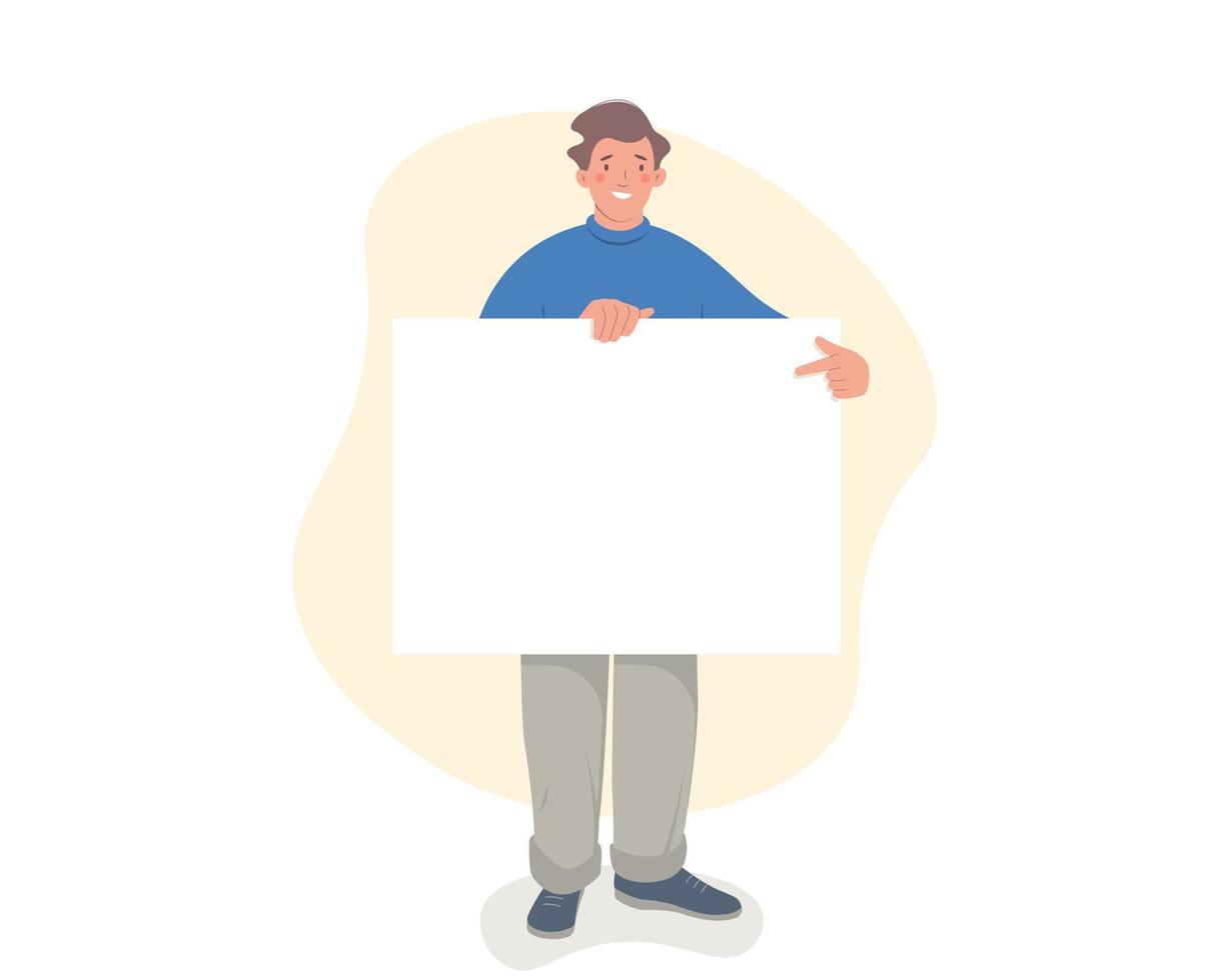 Happy young man showing and pointing blank poster as copy space vector