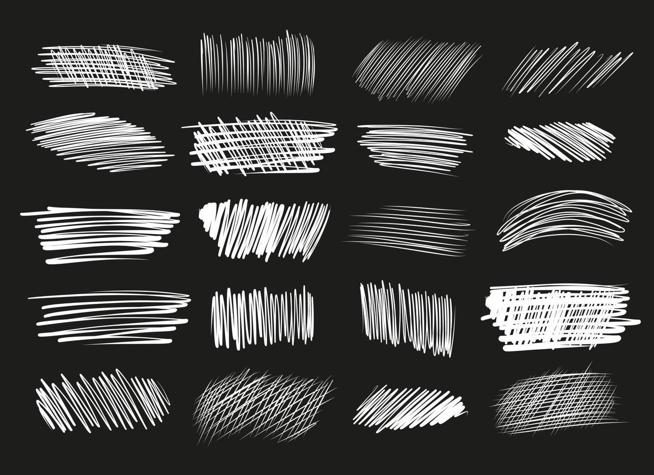 Set of white pencil strokes on black background. 20 hand-drawn design elements vector