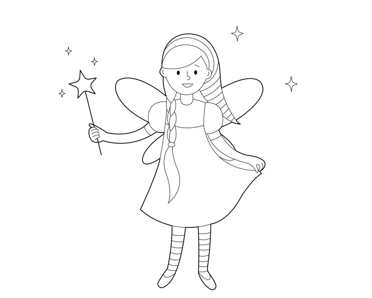 Flower fairy with long hair holds  magic wand in her hand. Coloring book for children. Illustration is highlighted on  white background. vector