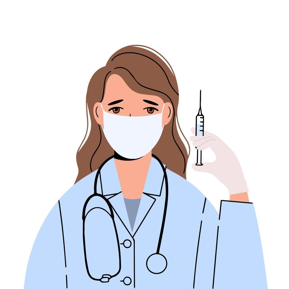 Female doctor in a medical mask holds a syringe with a vaccine. Concept of protection against the virus vector