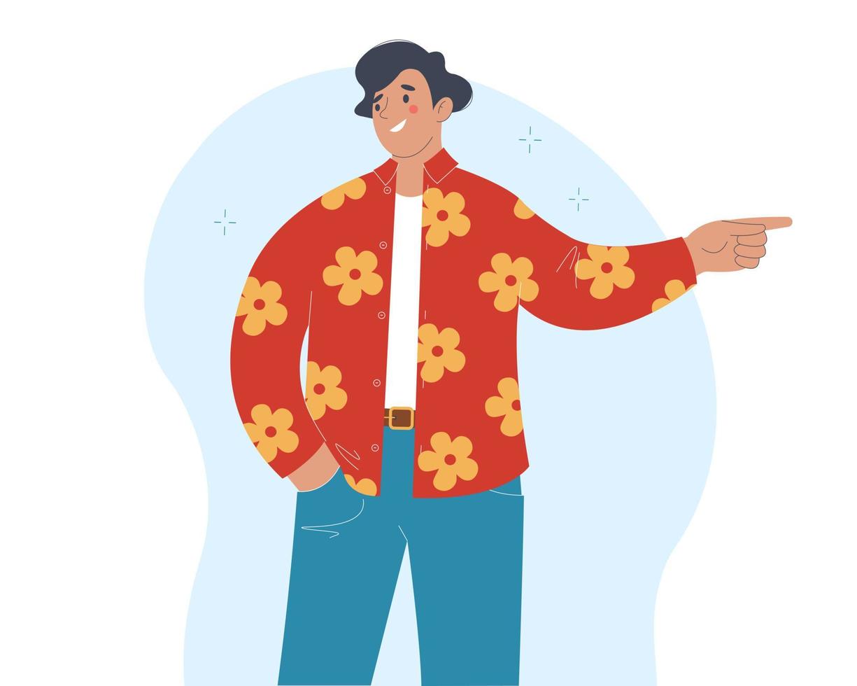 Handsome smiling young man in a bright shirt shows the direction with his hand vector