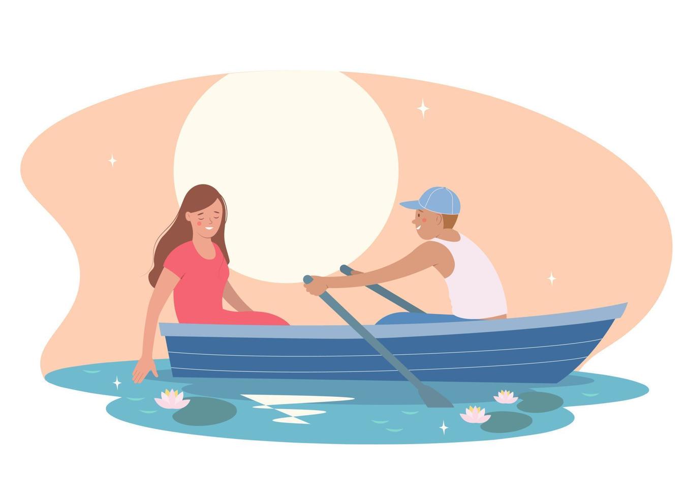 Romantic boat trip. Young man in love rides girl on boat vector