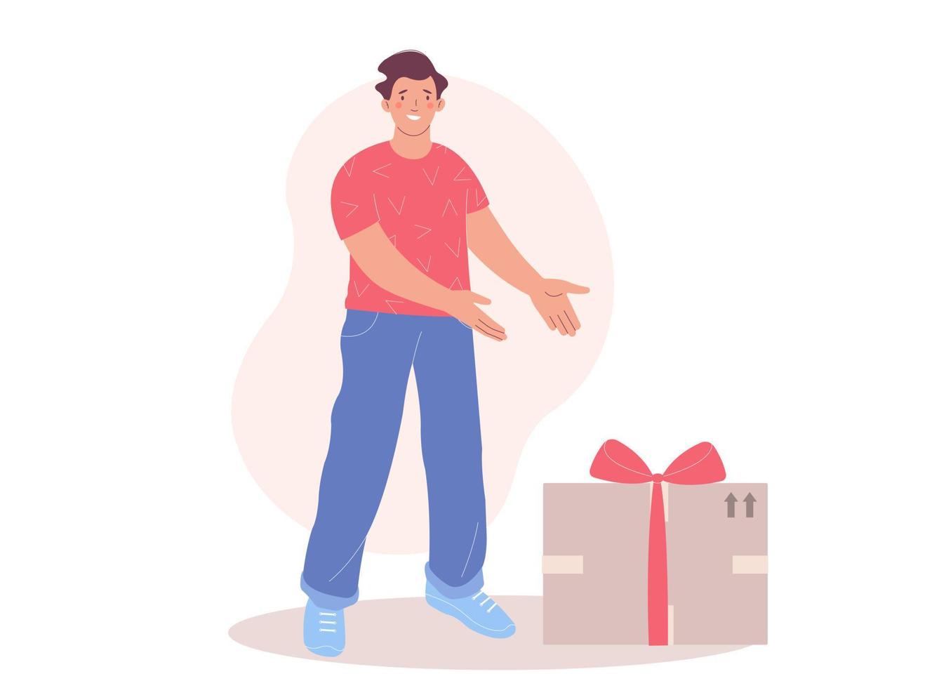 Man proudly points with his hands at a large cardboard box with red bow vector