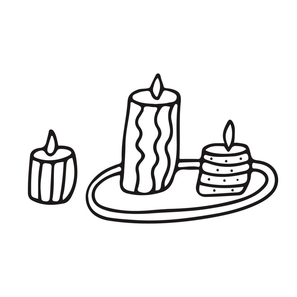 velas decoradas con motivos en una bandeja al estilo de dibujo de garabatos. ilustración dibujada a mano vectorial sobre fondo blanco. contorno negro aislado. vector