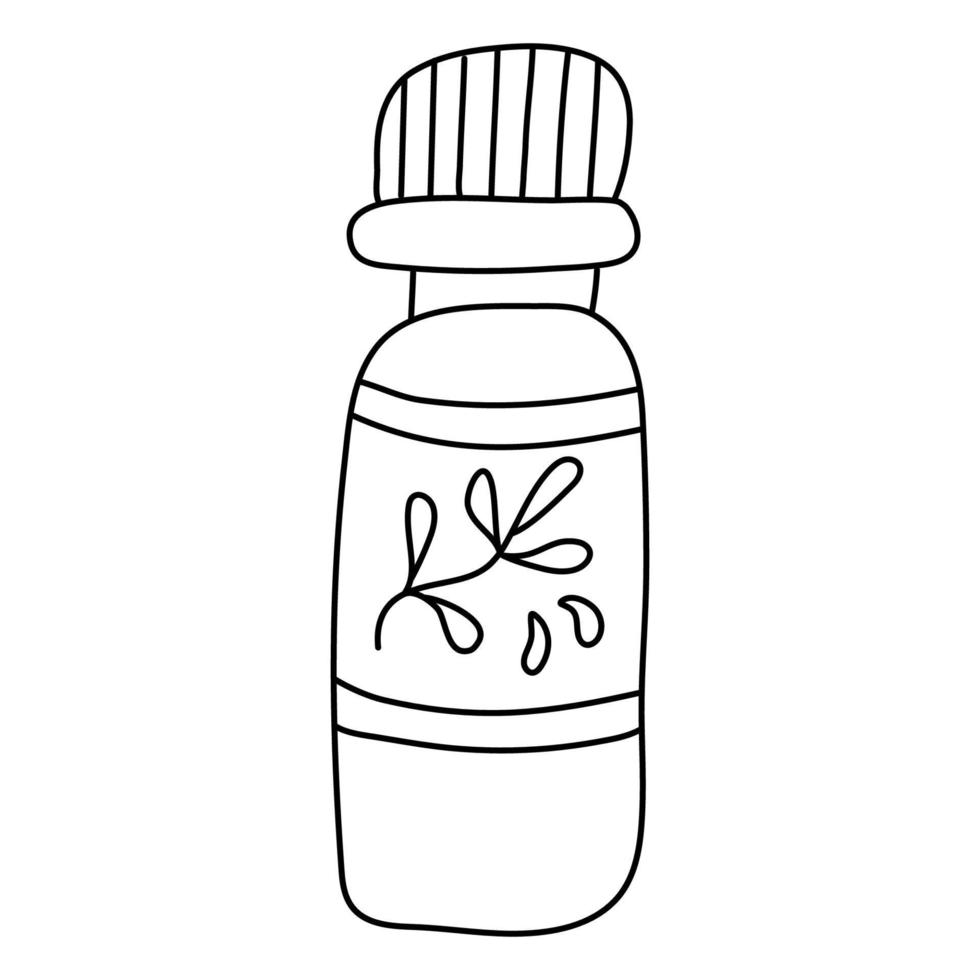 botella o vial con gotas o aceite vegetal a base de hierbas. dibujo de garabato dibujado a mano ilustración vectorial sobre fondo blanco. contorno aislado. vector