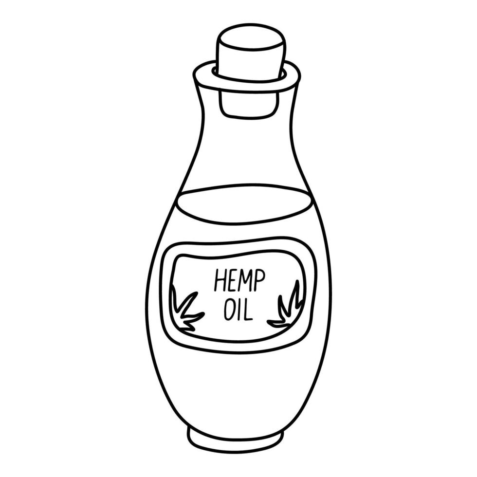Bottle of hemp oil. Doodle sketch hand drawn vector illustration and lettering on white background. Isolated outline. Alternative medicine.