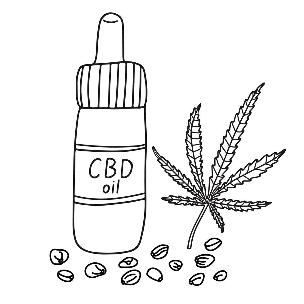 vial de aceite de cbd. dibujo de garabato dibujado a mano ilustración vectorial de una botella, hoja de cannabis y semillas y letras sobre fondo blanco. contorno aislado. medicina alternativa. vector