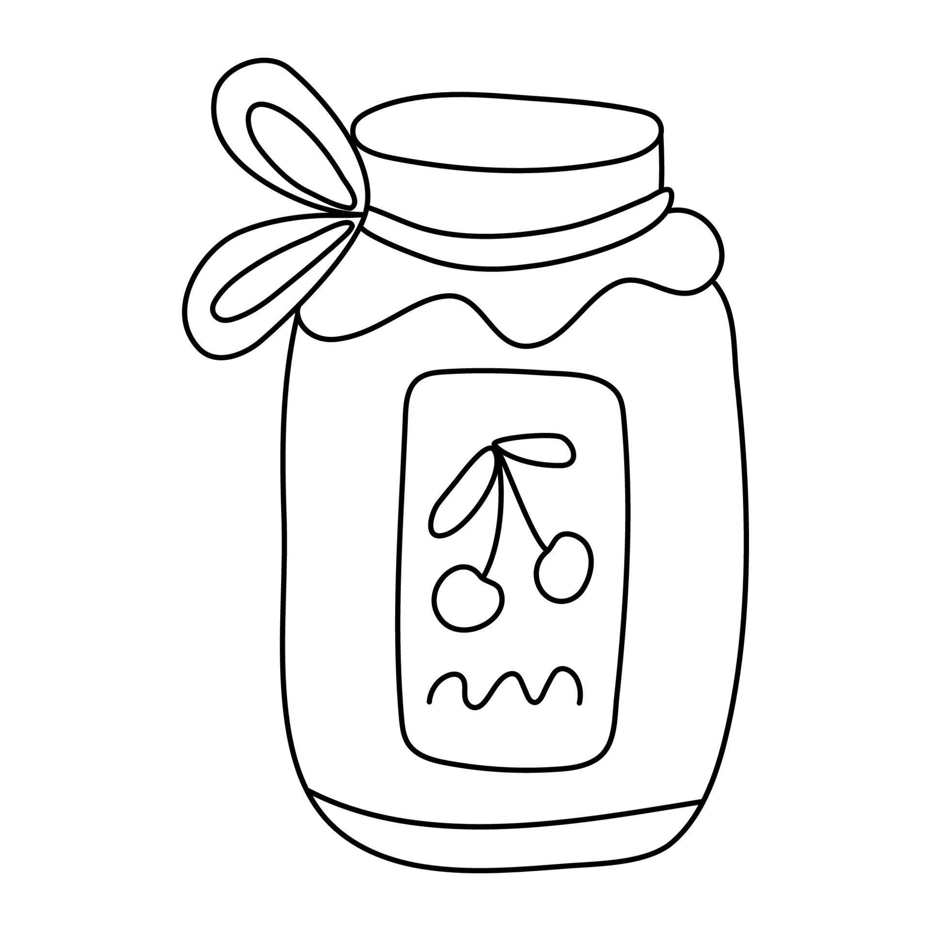 Jar of cherry jam in doodle style. Isolated outline. Hand drawn vector