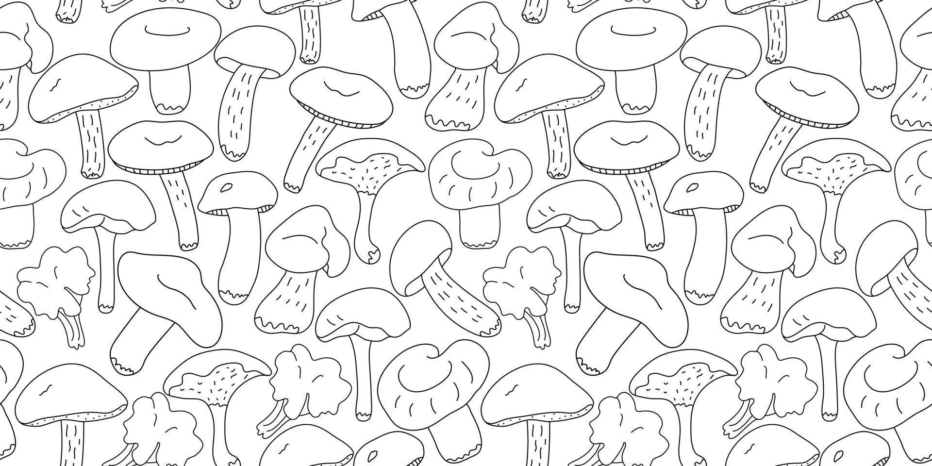 Seamless pattern with forest edible mushrooms on white background. Great for fabrics, wrapping papers, wallpapers, covers. Doodle sketch style illustration in black ink. vector