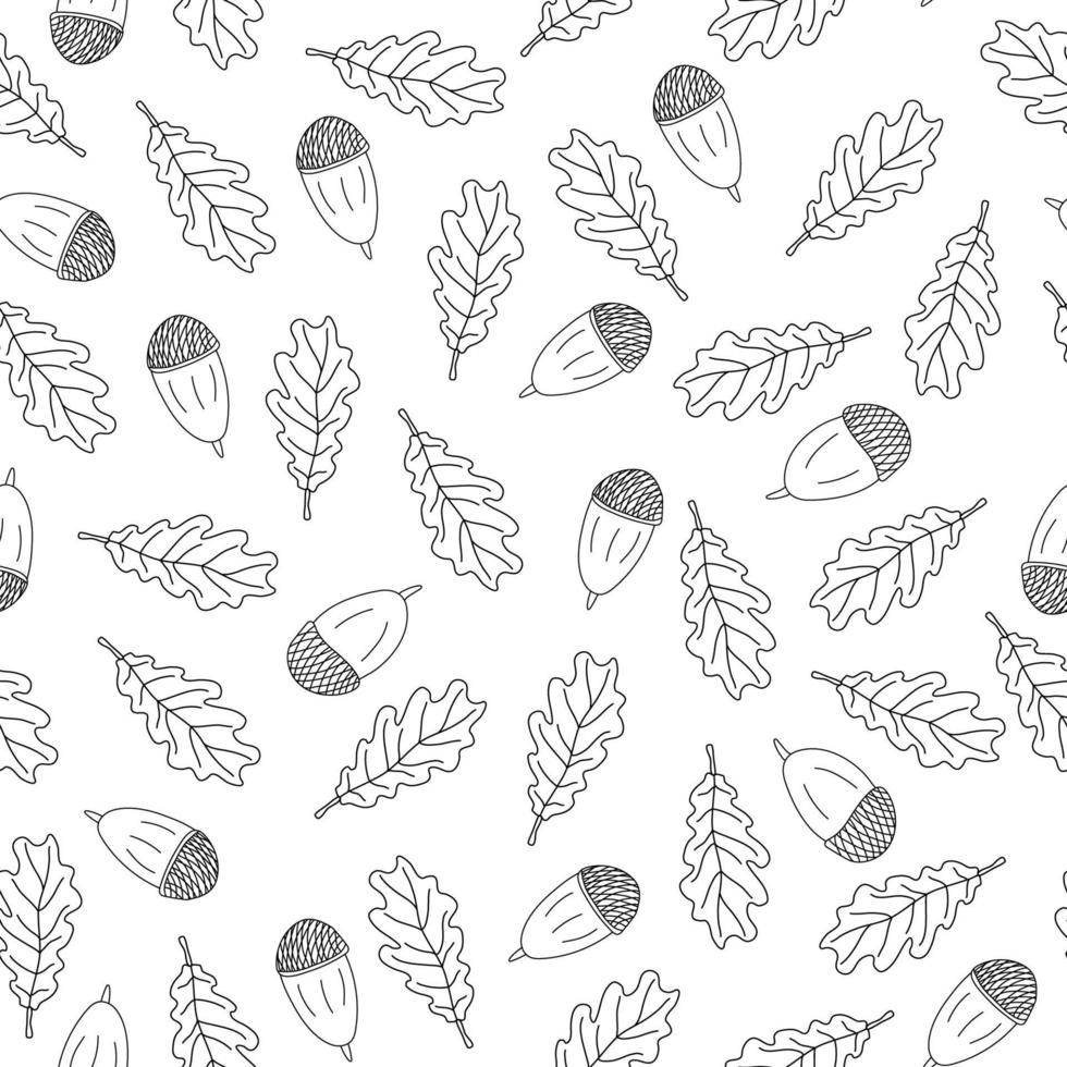 Autumn seamless pattern with oak leaves and acorns on white background. Great for fabrics, wrapping papers, wallpapers, covers. Doodle sketch style illustration in black ink. vector