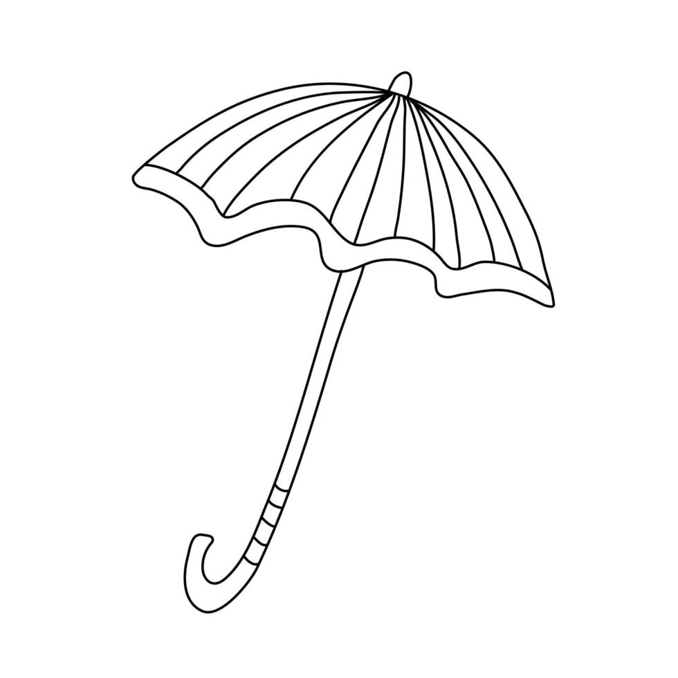 Open striped umbrella in doodle style. Isolated outline. Hand drawn vector illustration in black ink on white background. Great for  coloring books.