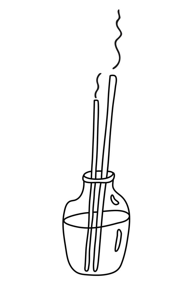 Bottle with oil and incense or aroma sticks. Doodle sketch hand drawn vector illustration on white background. Isolated outline. Alternative medicine.