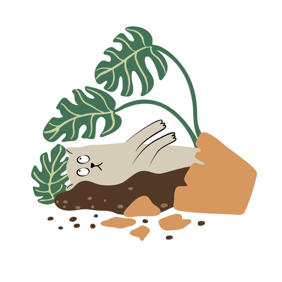 gato acostado y maceta de planta de interior monstera rota. estilo plano ilustración vectorial dibujada a mano aislada sobre fondo blanco. mascota divertida. vector