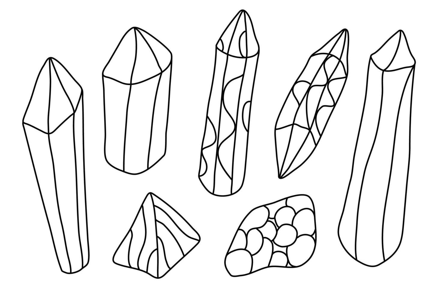 Set with crystals in doodle sketch style. Alternative medicine. Isolated outline. Hand drawn vector illustration in black ink on white background.