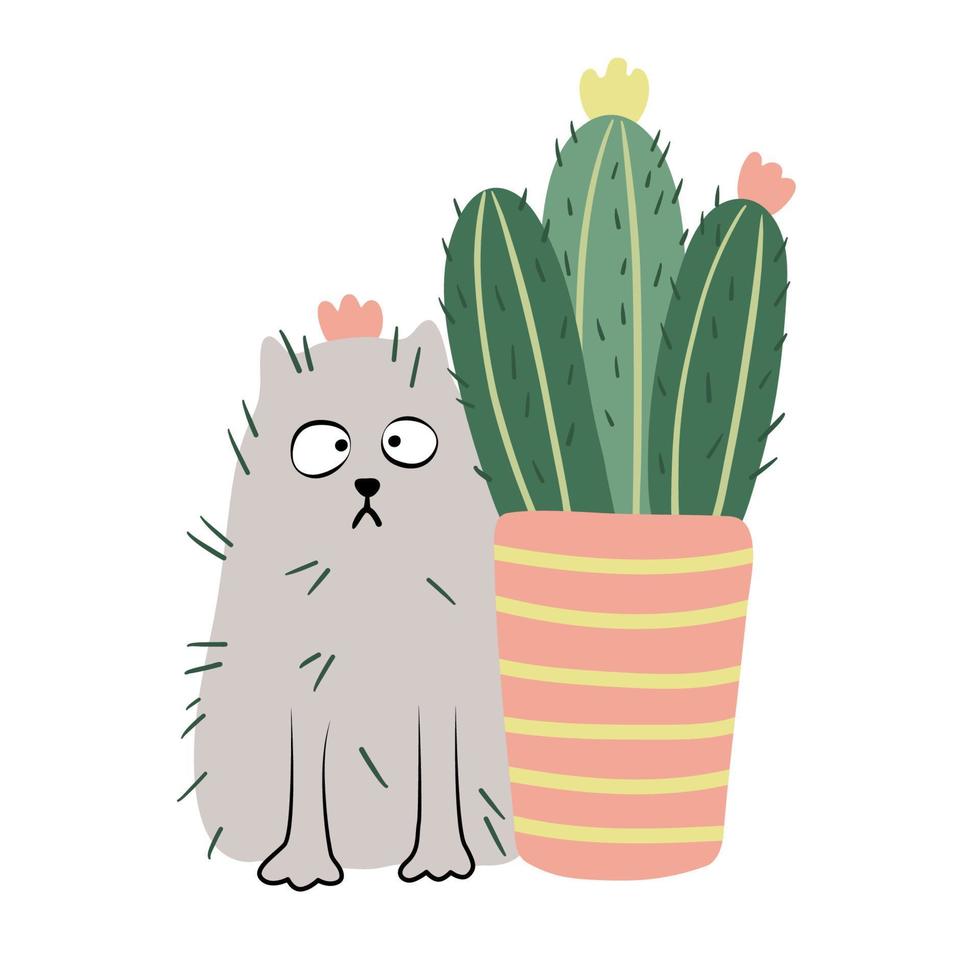 Cat with thorns and cactus. Blooming succulent houseplant in a flower pot. Vector hand drawn illustration on white background. Flat style. Funny cat.