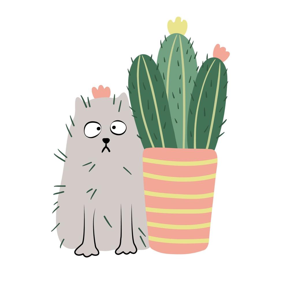 gato con espinas y cactus. planta de interior suculenta floreciente en una maceta. ilustración dibujada a mano vectorial sobre fondo blanco. estilo plano Gato divertido. vector