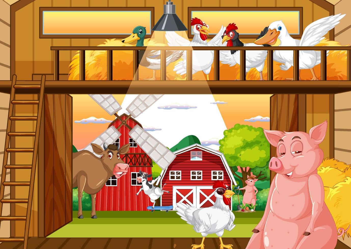 Barn indoor scene with farm animals vector
